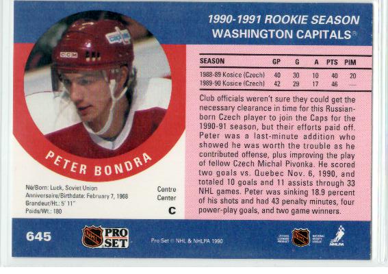 1990-91 Pro Set #645 Peter Bondra RC - zadná strana