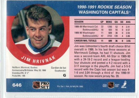 1990-91 Pro Set #646 Jim Hrivnak RC - zadná strana