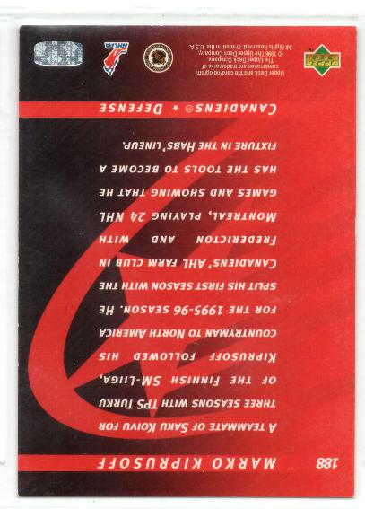 1996-97 Upper Deck #188 Marko Kiprusoff - zadná strana