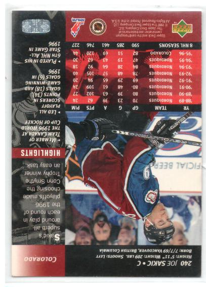 1996-97 Upper Deck #240 Joe Sakic - zadná strana