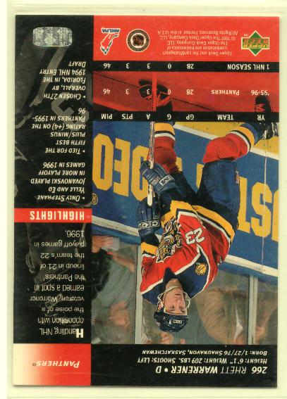 1996-97 Upper Deck #266 Rhett Warrener - zadná strana